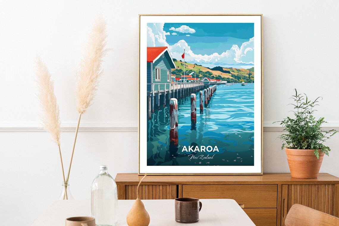 Akaroa New Zealand Wharf Colorful Bay Buildings Green Hills Poster - Image 3