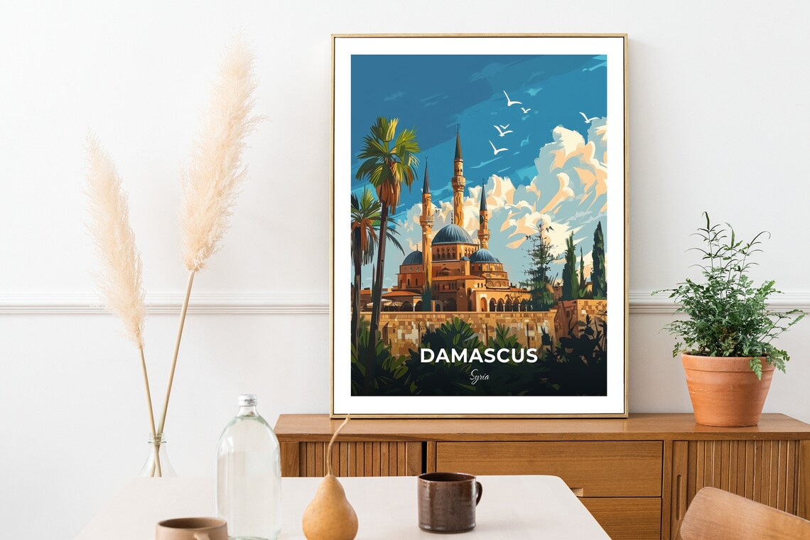 Damascus Darwish Pasha Mosque Domes Minarets Skyline Syria Travel Poster - Image 2