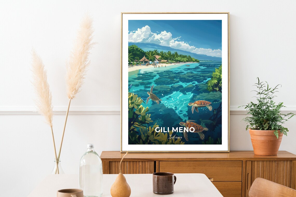 Gili Meno Sea Turtles Coral Reef Beach Indonesia Vintage Travel Poster - Image 3