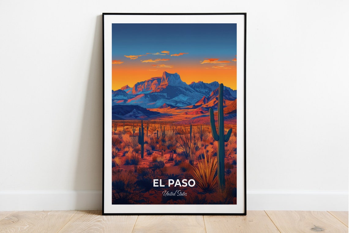El Paso Franklin Mountains Desert Sunset Saguaro Travel Poster
