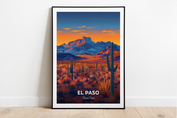 El Paso Franklin Mountains Desert Sunset Saguaro Travel Poster