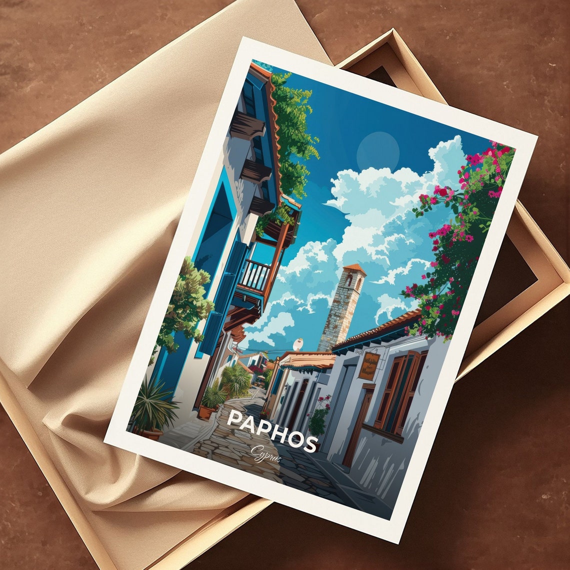 Paphos Cyprus Old Town Street Blue Shutters Bougainvillea Poster - Image 3