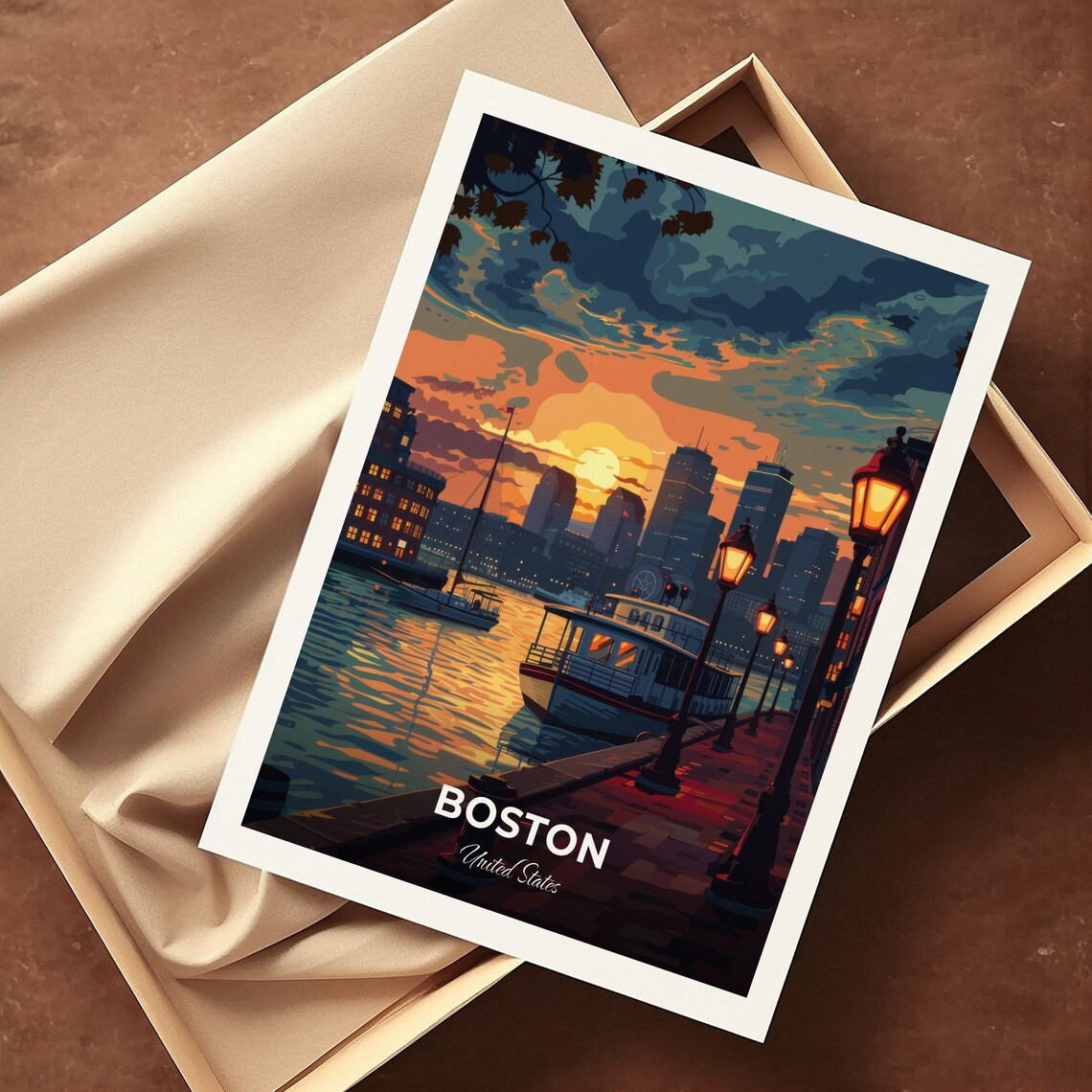 Boston Harbor Dusk Ferry Boardwalk Waterfront Travel Scene Poster - Image 3
