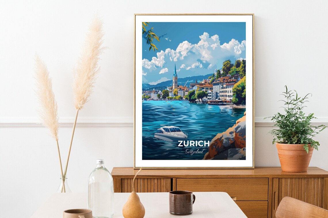 Zurich Switzerland Lake Zurich Old Town Boat Harbor Travel Poster - Image 2
