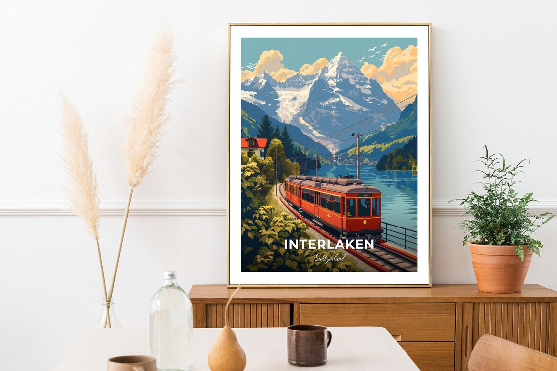 Interlaken Schynige Platte Red Cog Train Lakeside View Travel Poster - Image 2