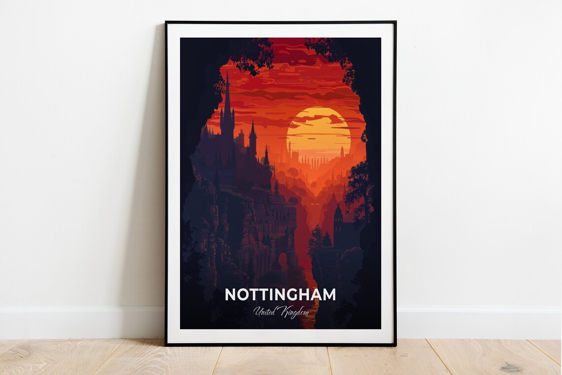 Nottingham City Of Caves Arch Silhouette Sunset Glow Travel Poster