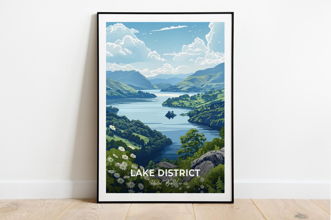 Lake District England Serene Mountain Lake Wildflower Poster