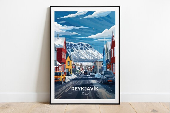 Reykjavik Winter Street Snowy Mountain Colorful Houses Travel Poster