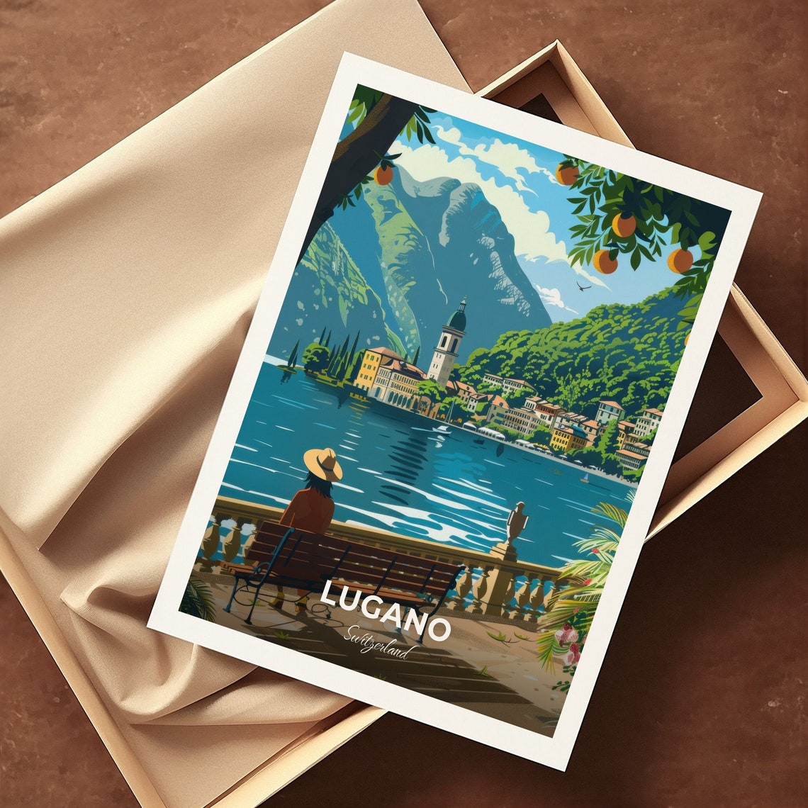 Lugano Switzerland Lakeside Mountain Village View Travel Poster - Image 3