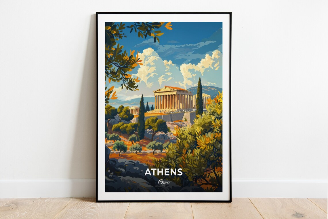 Athens Greece Classical Temple Among Olive Groves Travel Poster