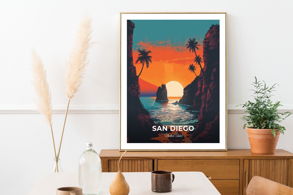 San Diego Ocean Cliffs Sea Arch Sunset Palms Travel Art Poster - Image 2