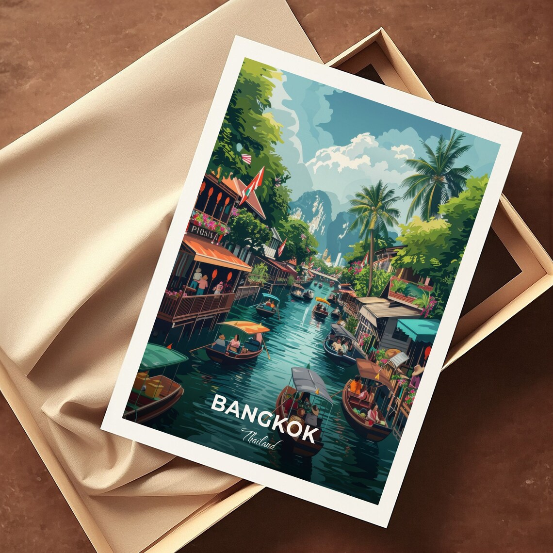 Bangkok Thailand Floating Market Canal Boats Travel Illustration Poster - Image 3