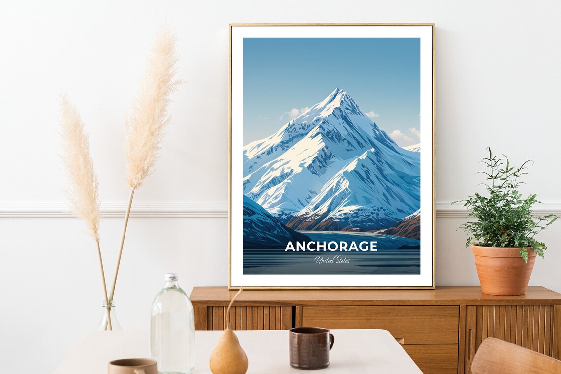 Anchorage Snow Capped Alaska Mountain Peak Winter Travel Poster - Image 2