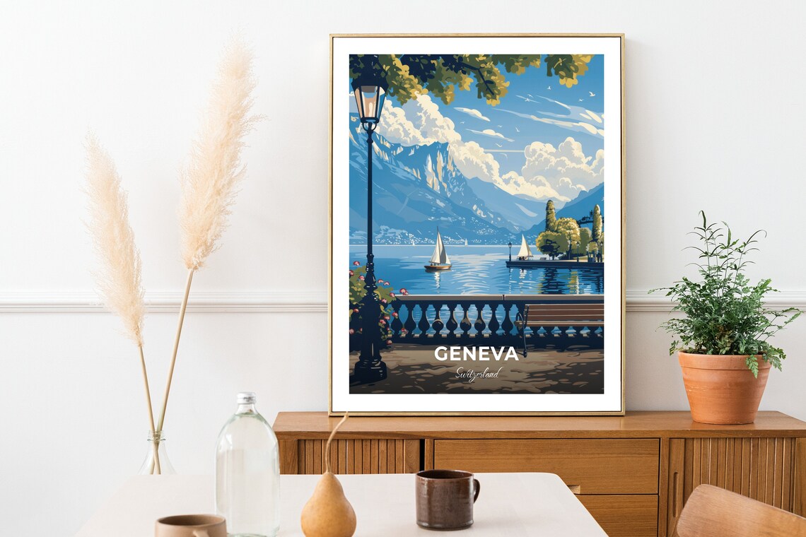 Geneva Lakeside Sailboats Scenic Promenade View Travel Poster - Image 2