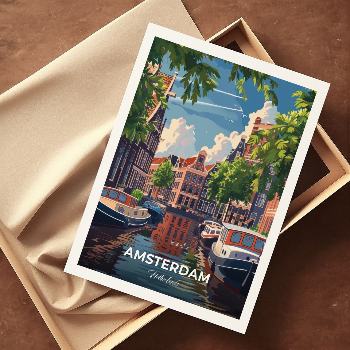 Amsterdam Netherlands Canal Houseboats Summer Day Travel Poster - Image 3