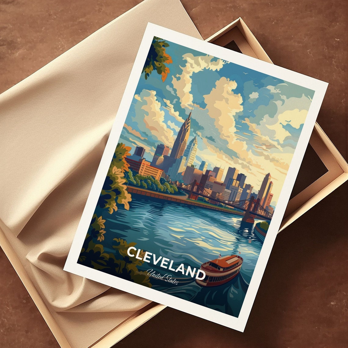 Cleveland Ohio Riverfront Downtown Skyline And Red Tour Boat Poster - Image 3