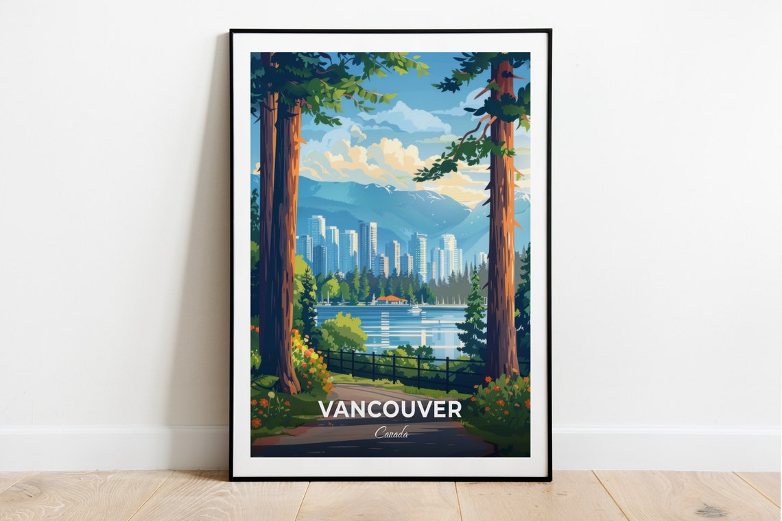 Vancouver Stanley Park Skyline Through the Pines Travel Poster