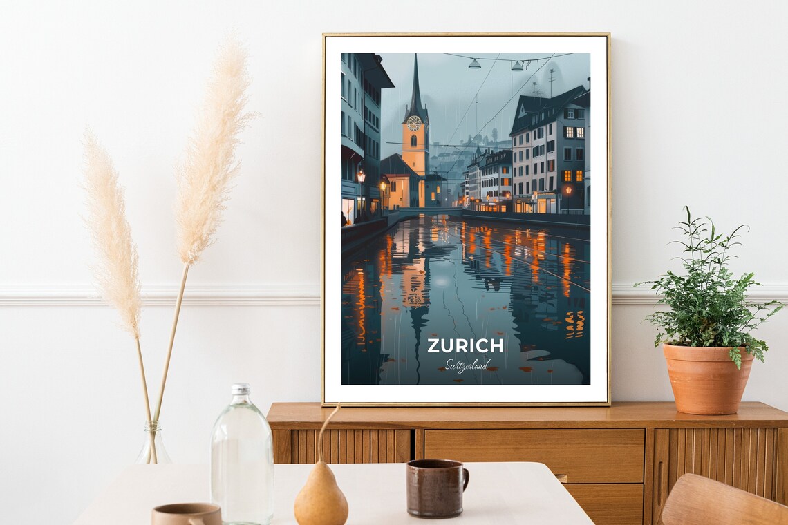 Zurich Switzerland Rainy Evening Street Glowing Canal Lights Poster - Image 2