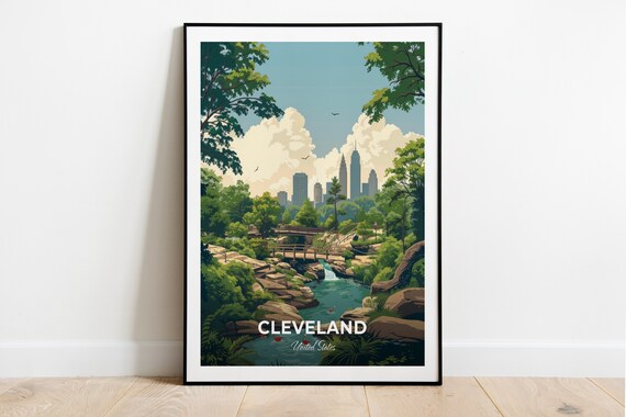 Cleveland Metroparks Gorge Stream Rapids Downtown Skyline Travel Poster
