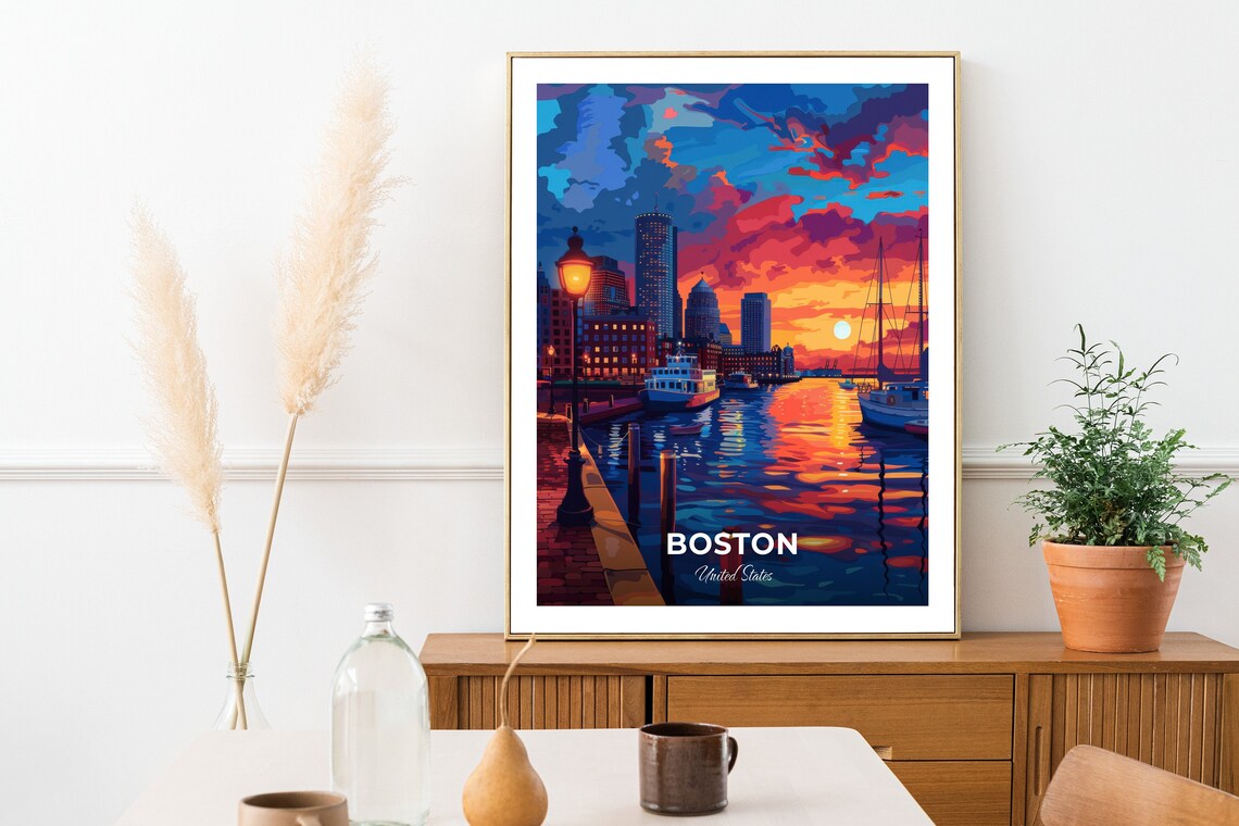 Boston Harbor Glowing Sunset Skyline Cityscape Wall Decor Travel Poster - Image 2