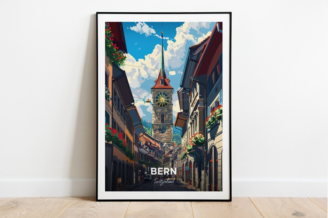 Bern Switzerland Old Town Clock Tower Flower Balconies Travel Poster
