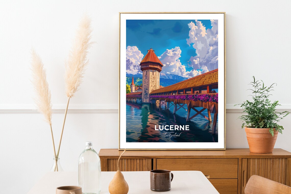Lucerne Switzerland Chapel Bridge Water Tower Flowers Lake Poster - Image 2
