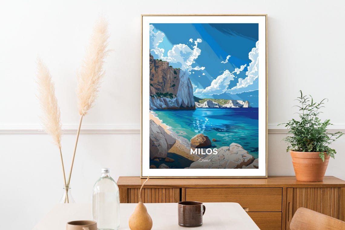 Milos Greece White Cliff Beach Tsigrado Bay Blue View Poster - Image 3