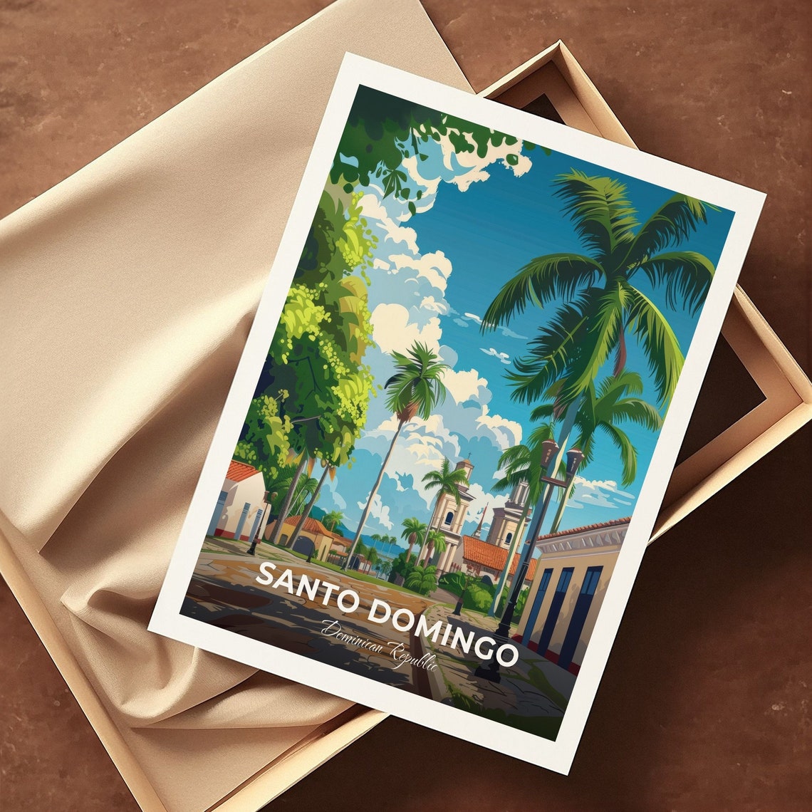 Santo Domingo Palm Lined Street Old Church Travel Art Poster - Image 3