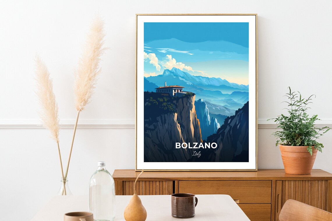 Bolzano Mountain Museum Cliffside Villa Alpine Italy Landscape Travel Poster - Image 2