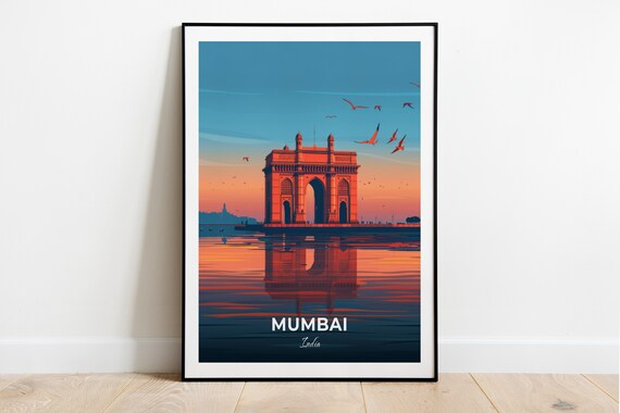 Mumbai Gateway of India Fiery Sunset Reflection Travel Poster