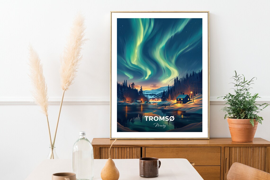 Tromso Norway Northern Lights Aurora Arctic Winter Cabin Travel Poster - Image 2
