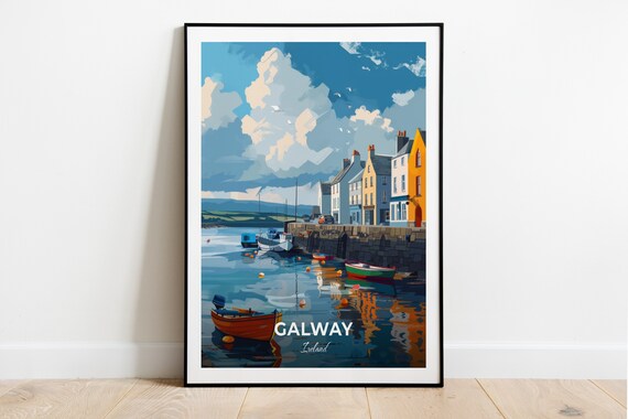 Galway Harbor Colorful Boats Waterfront Reflections Ireland Travel Poster