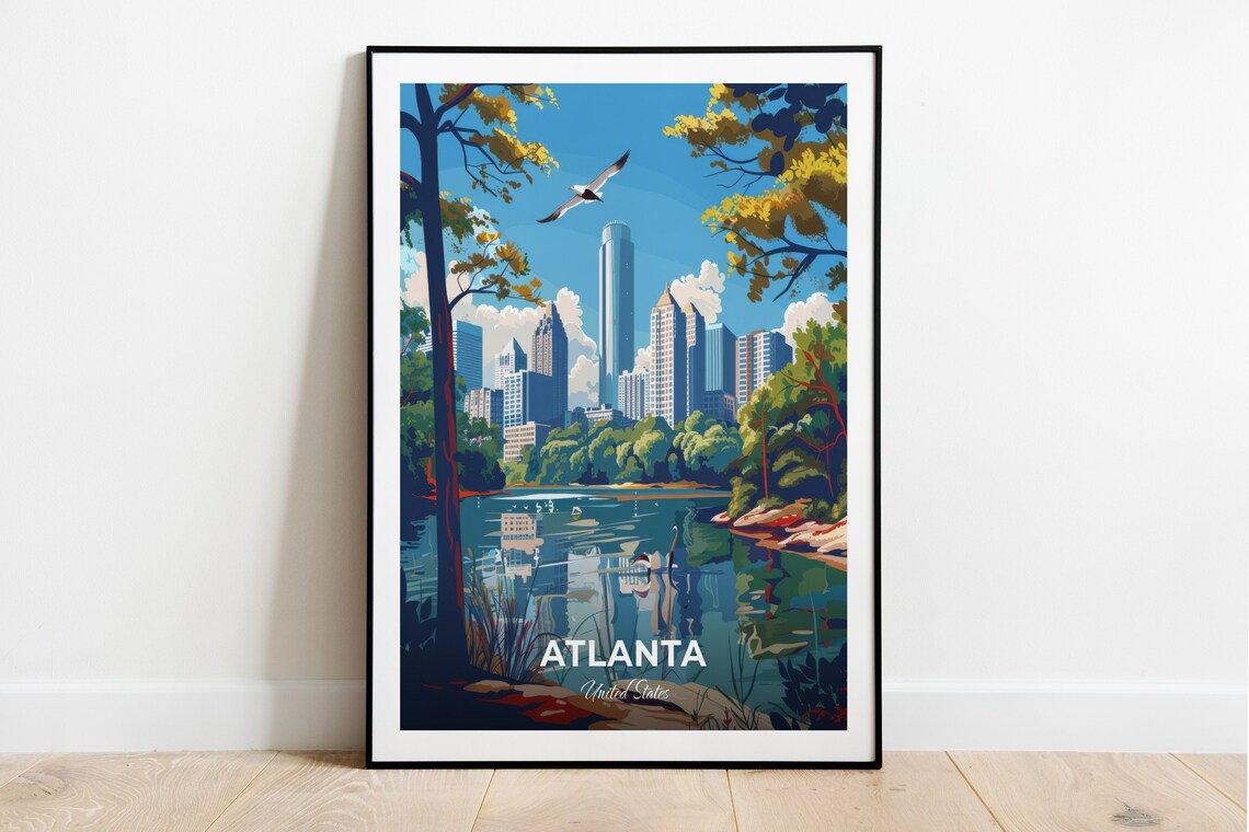 Atlanta Georgia Travel Poster Downtown Skyline Park Lake Artwork