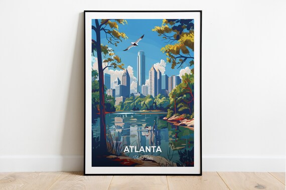 Atlanta Georgia Travel Poster Downtown Skyline Park Lake Artwork