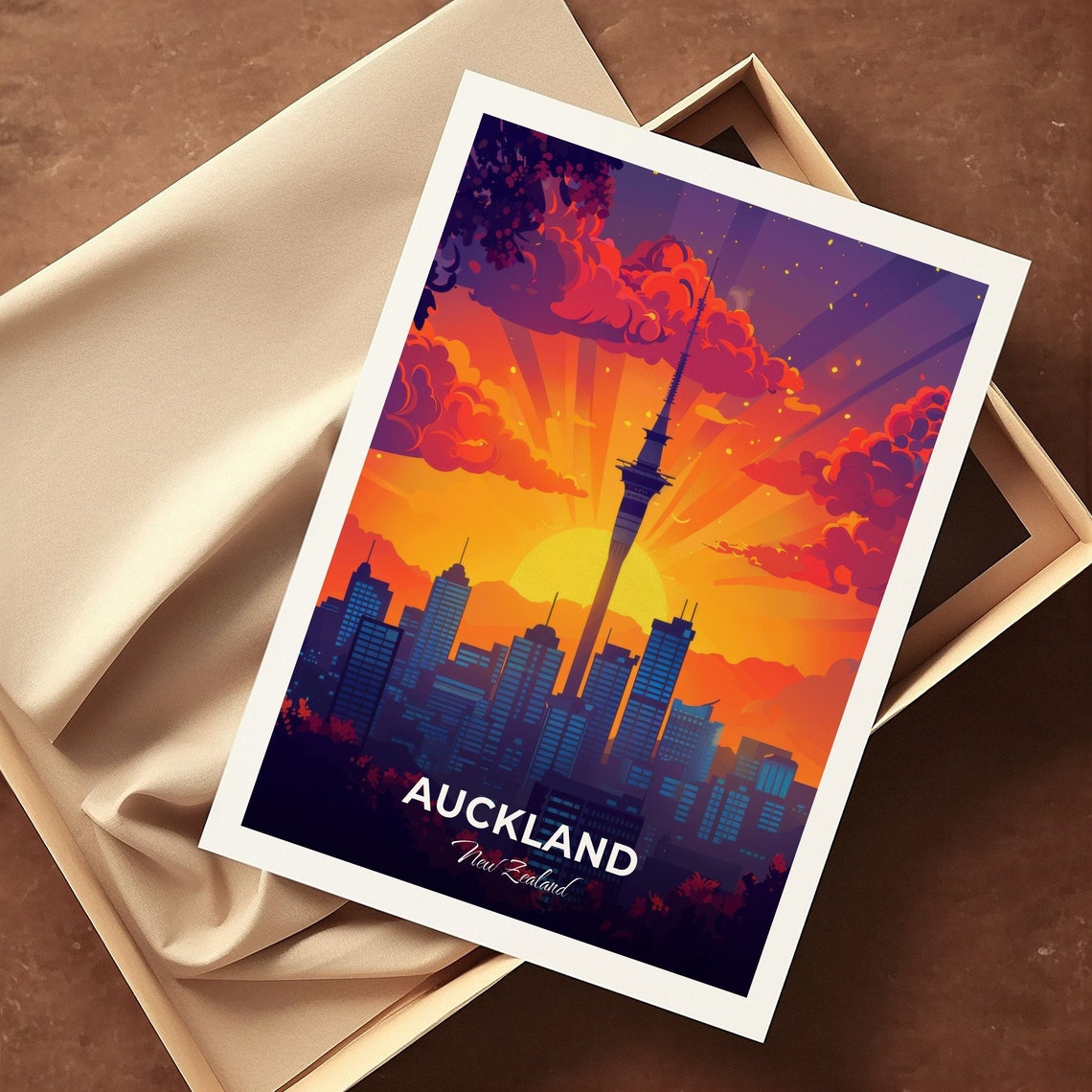 Auckland New Zealand Sky Tower Skyline Under Golden Sunset Poster - Image 3