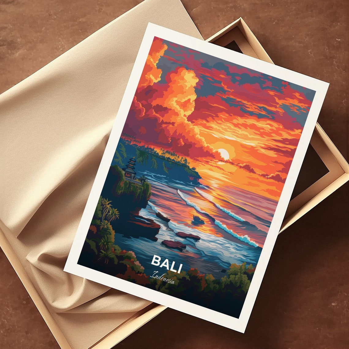 Bali Tanah Lot Sea Temple Sunset Orange Sky Waves Travel Poster - Image 3