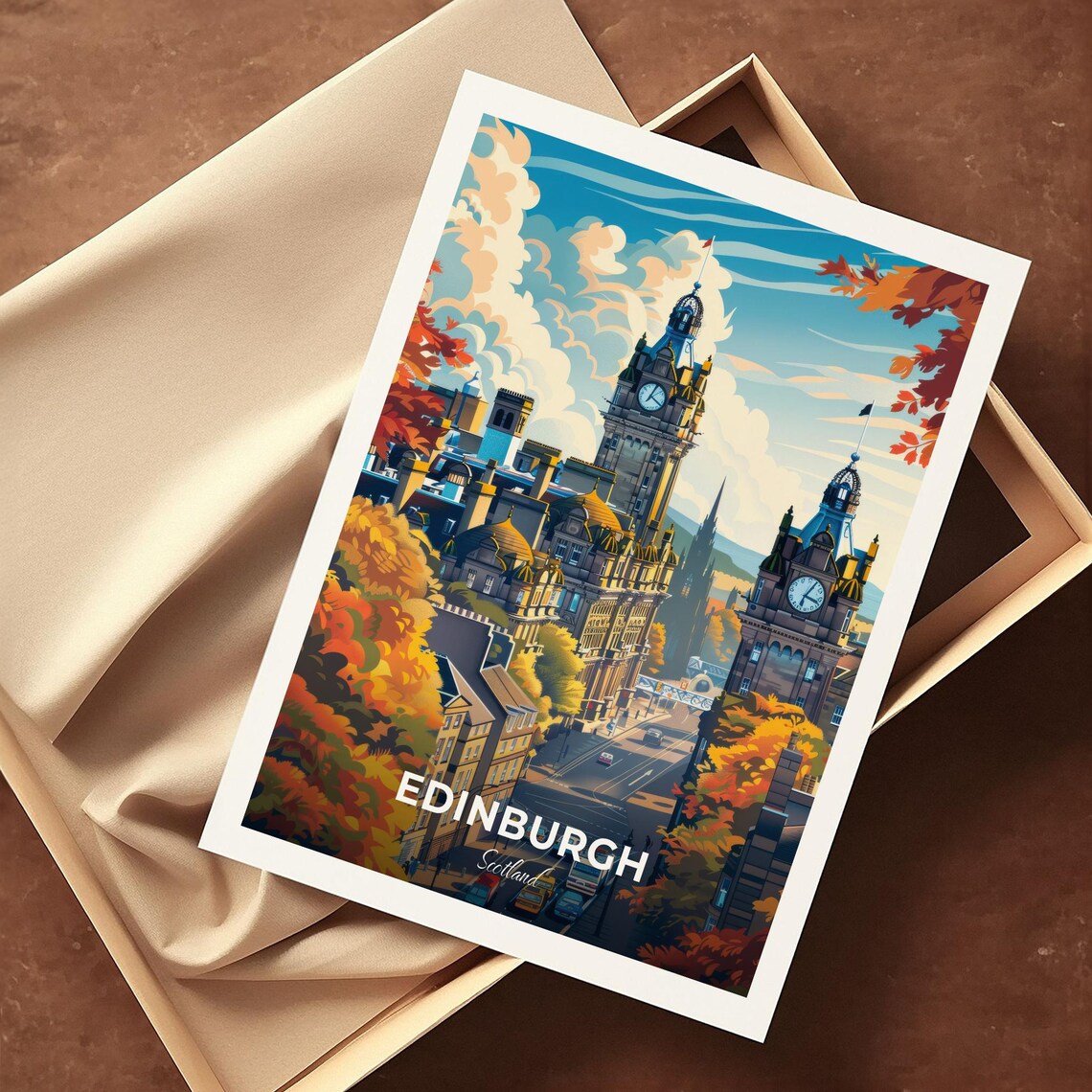 Edinburgh Scotland Autumn Cityscape Clock Towers Vintage Poster - Image 4