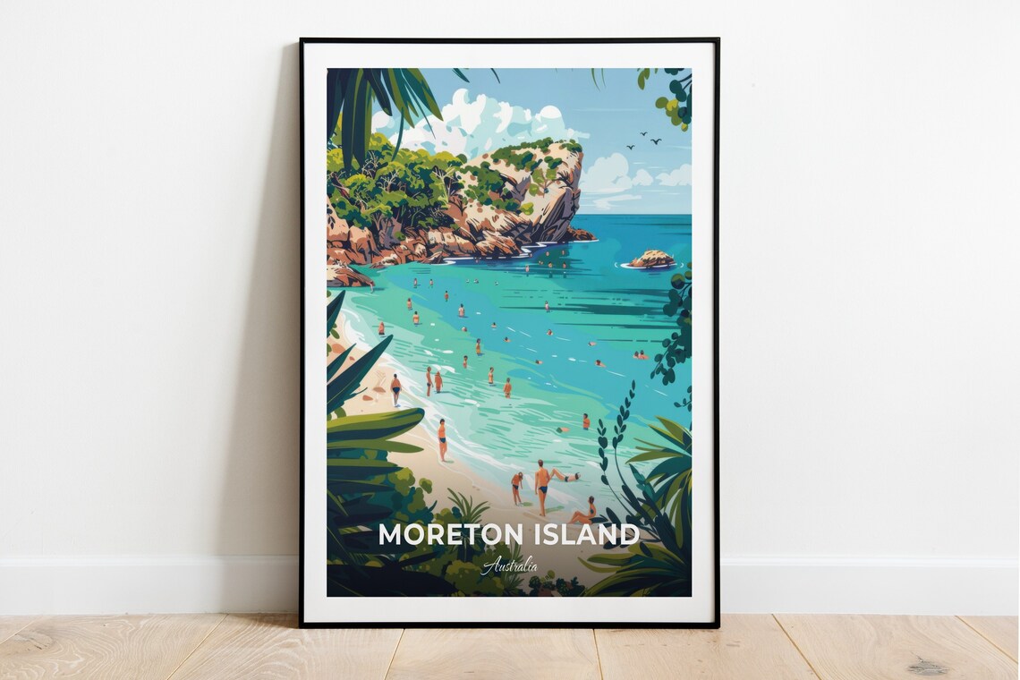 Moreton Island Australia Rocky Cove With Swimmers in Turquoise Sea Poster