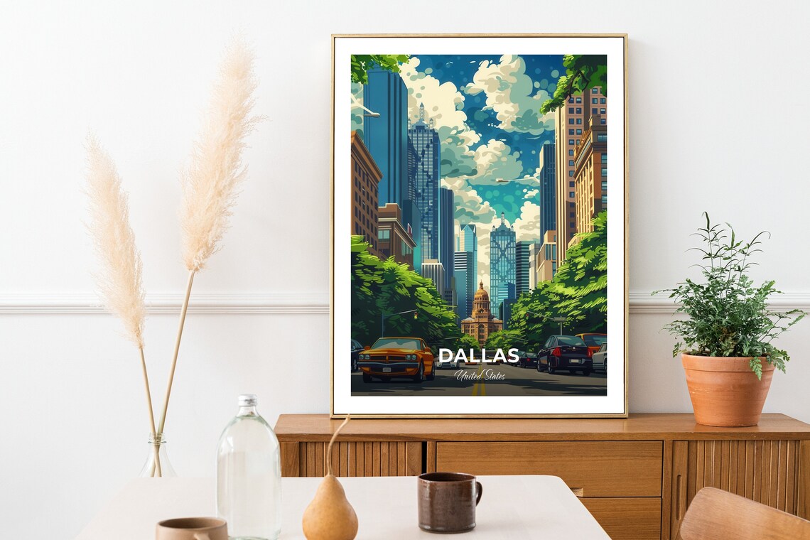 Dallas Downtown Street Skyline Classic Cars City Travel Poster - Image 2