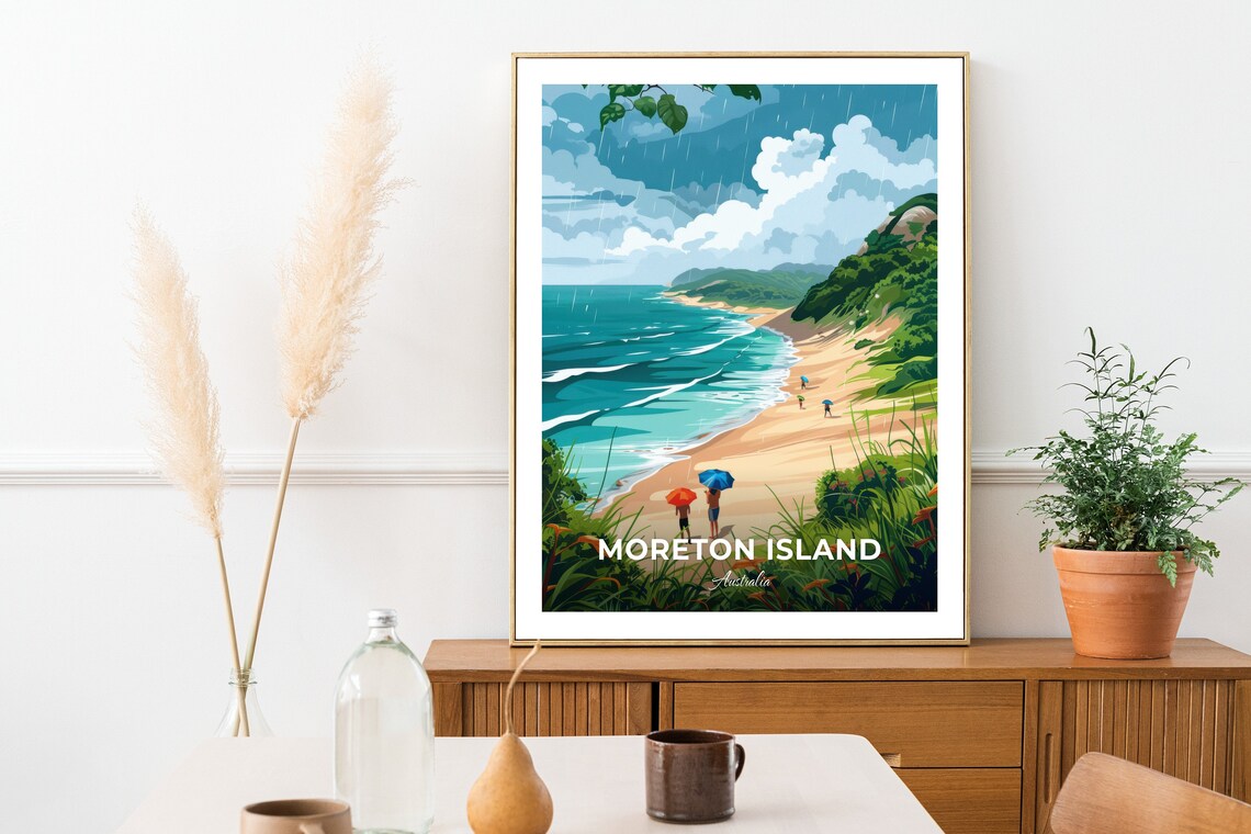 Moreton Island Australia Rainy Beach Walk With Umbrellas Travel Poster - Image 3