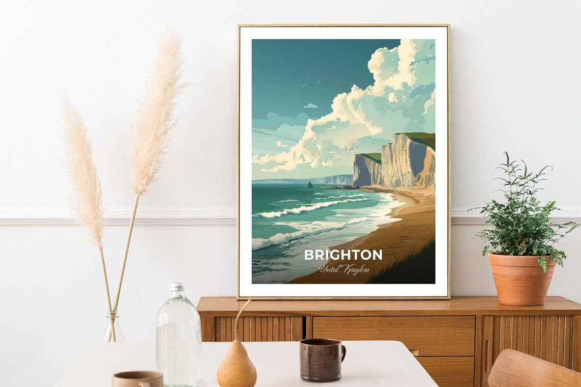 Brighton United Kingdom Seven Sisters Cliffs Beach Cloudy Day Poster - Image 2