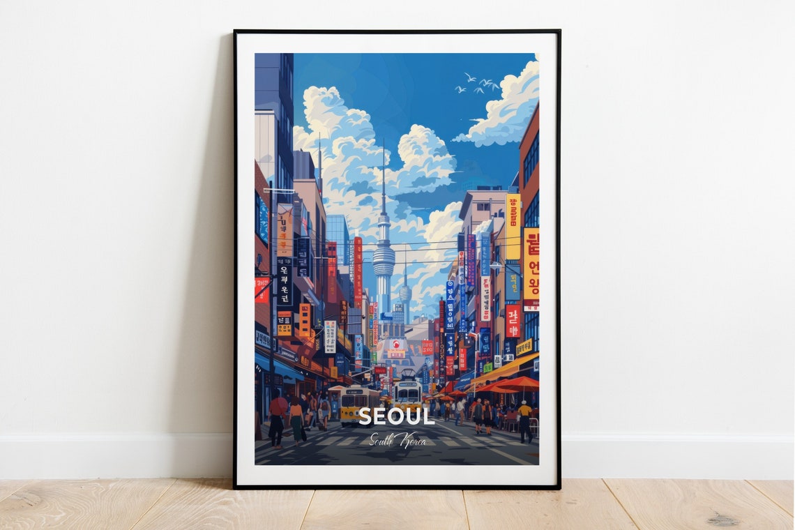 Seoul Travel Poster Myeongdong Shopping Street City Print Cityscape Artwork Birthday Wedding Gift Wall Art Location Print Home Decor