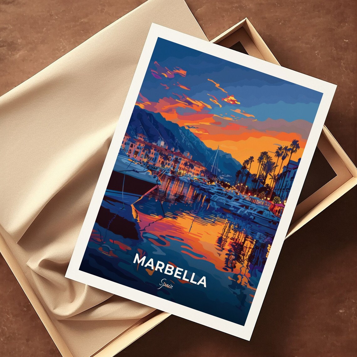 Marbella Spain Marina Yachts Sunset Harbor Reflections Travel Poster - Image 3