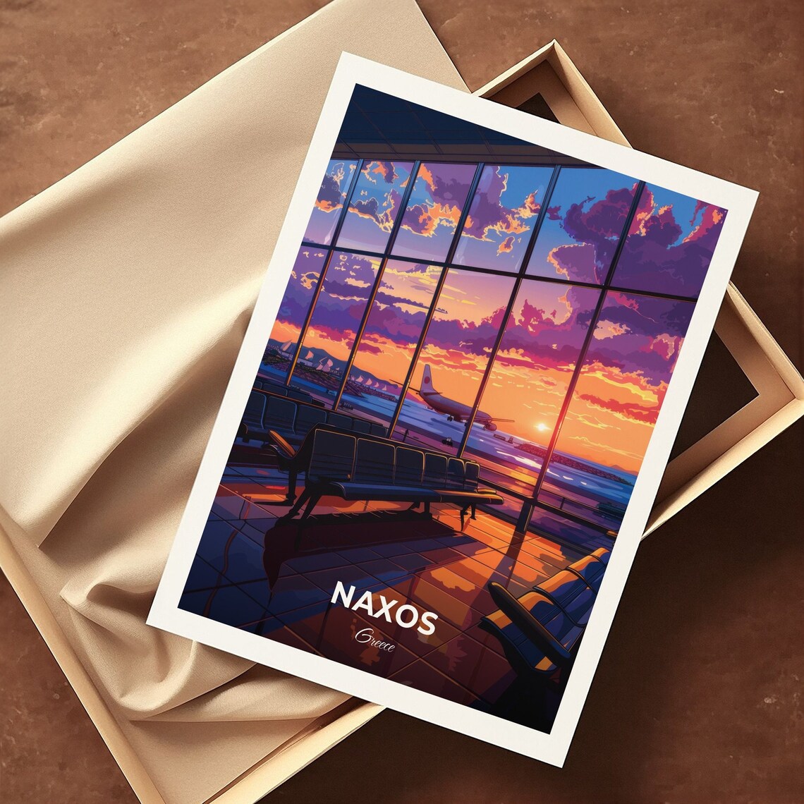 Naxos Greece Island Airport Sunset Airplane Terminal Travel Poster - Image 3