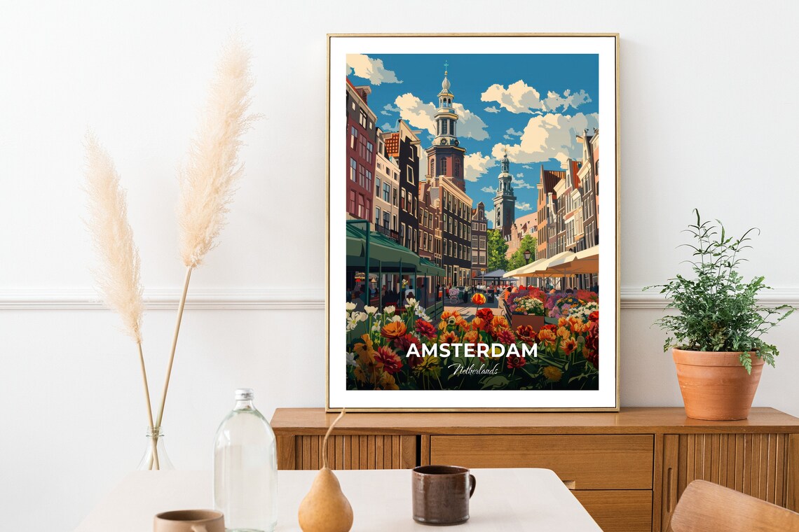 Amsterdam Netherlands Flower Market Canal Houses Travel Poster - Image 2
