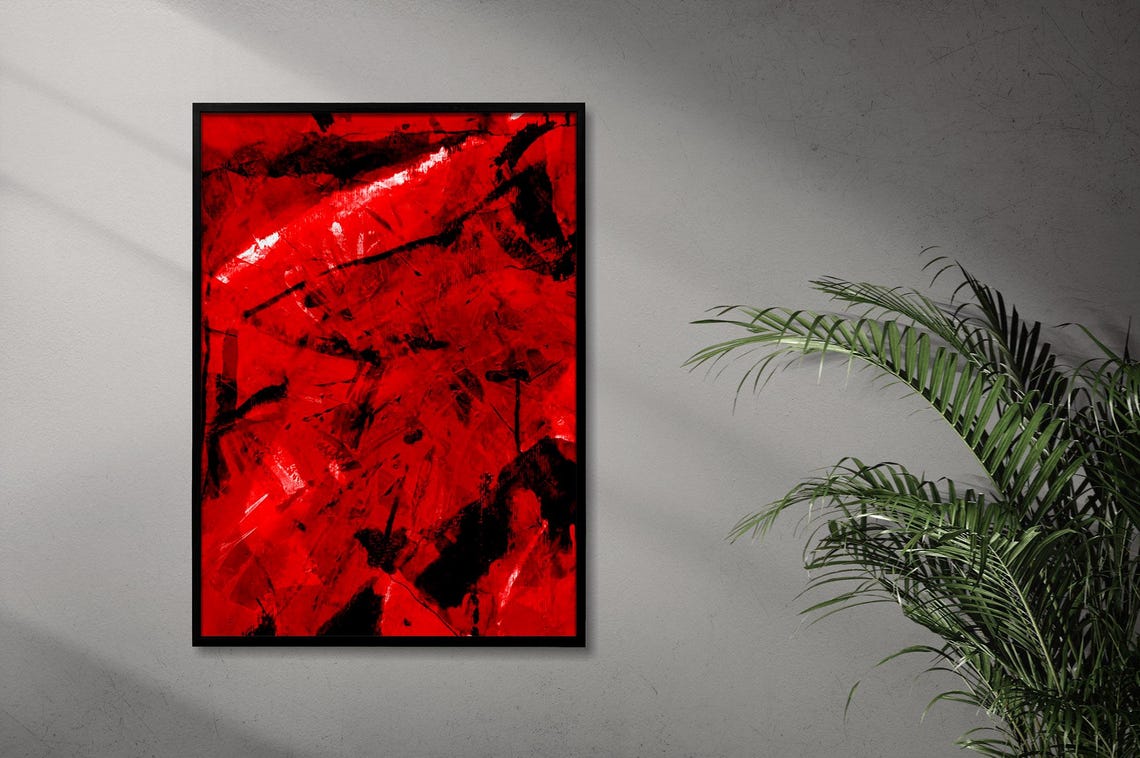 A High Contrast Abstract Watercolor Painting Saturated Red Bold Black And Subtle White Accents Art - Image 2