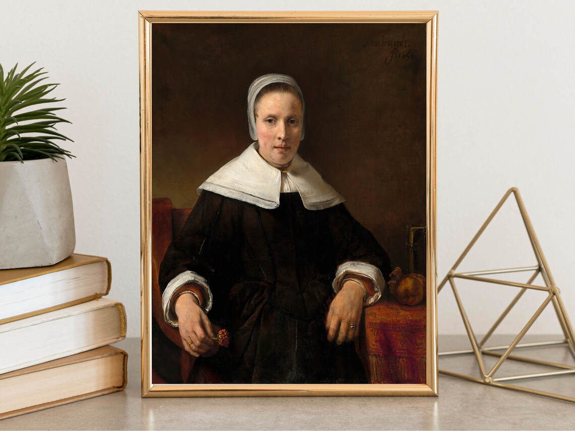 Rembrandt Woman Holding Pink Flower Dutch Golden Age Portrait Poster - Image 6