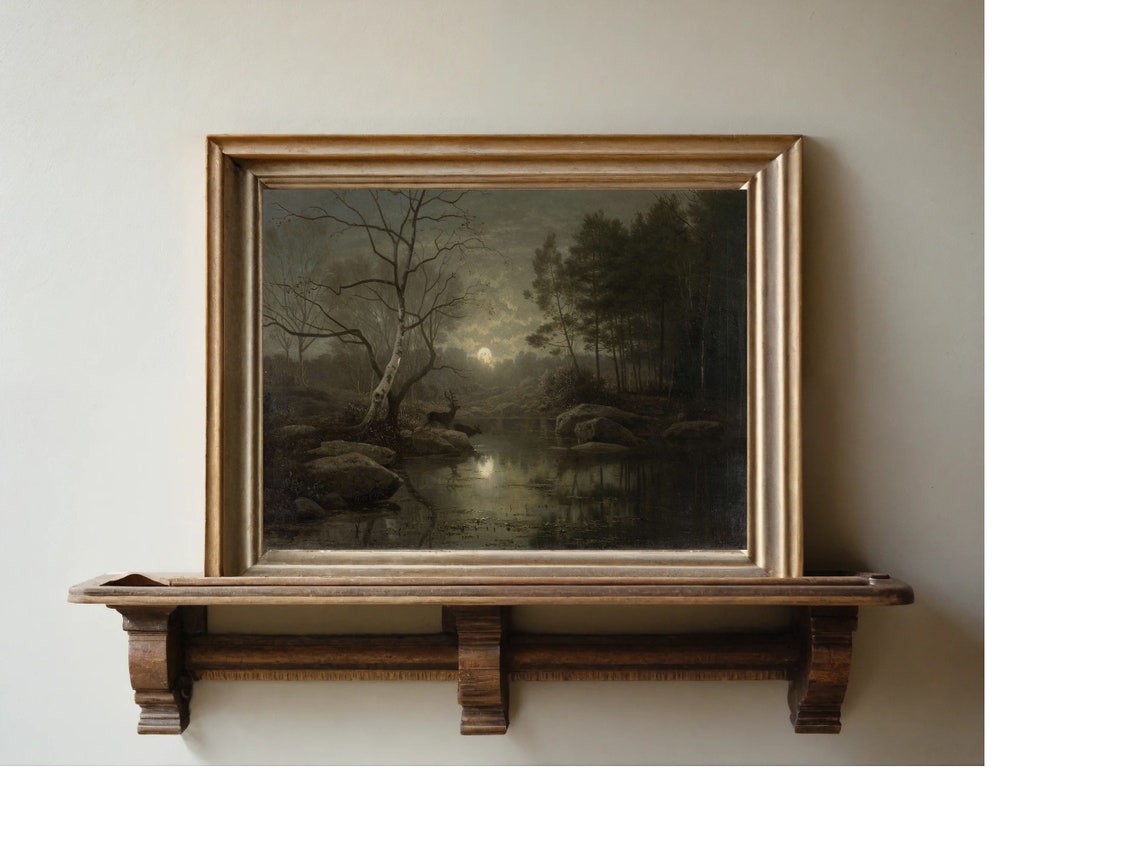 Moonlit Forest Pond Dark Nocturne Deer at Night Vintage Poster