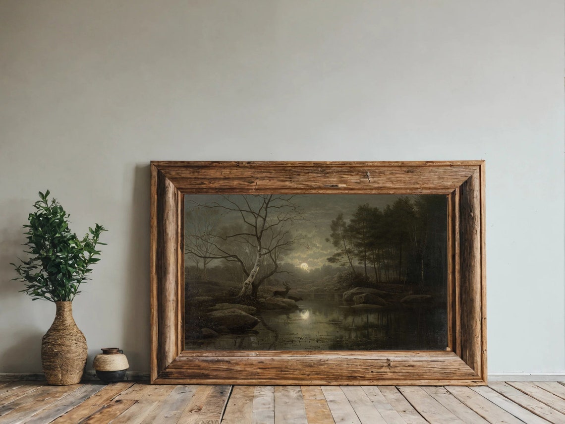Moonlit Forest Pond Dark Nocturne Deer at Night Vintage Poster - Image 4