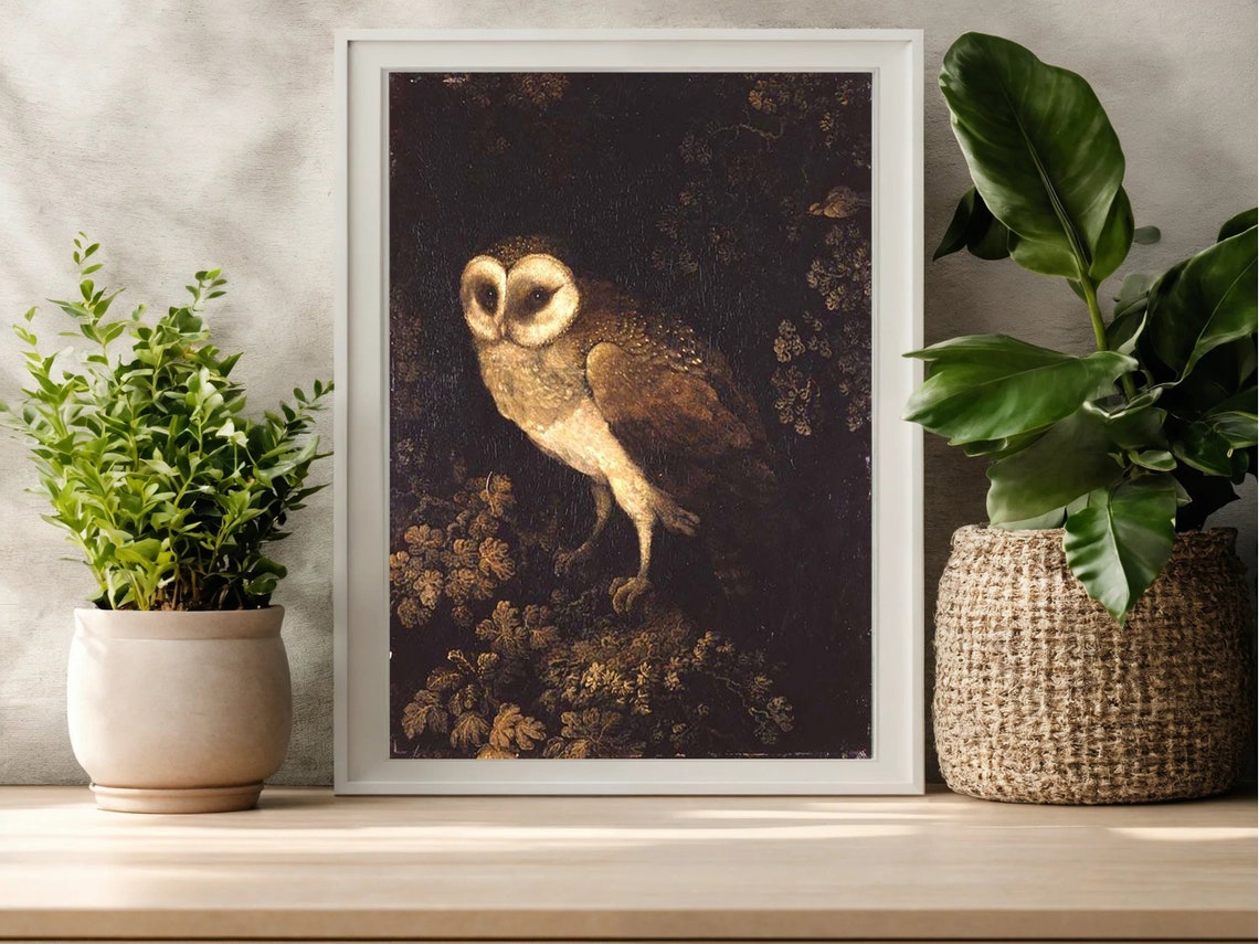 Antique Barn Owl Painting Dark Dramatic Nocturnal Bird Poster